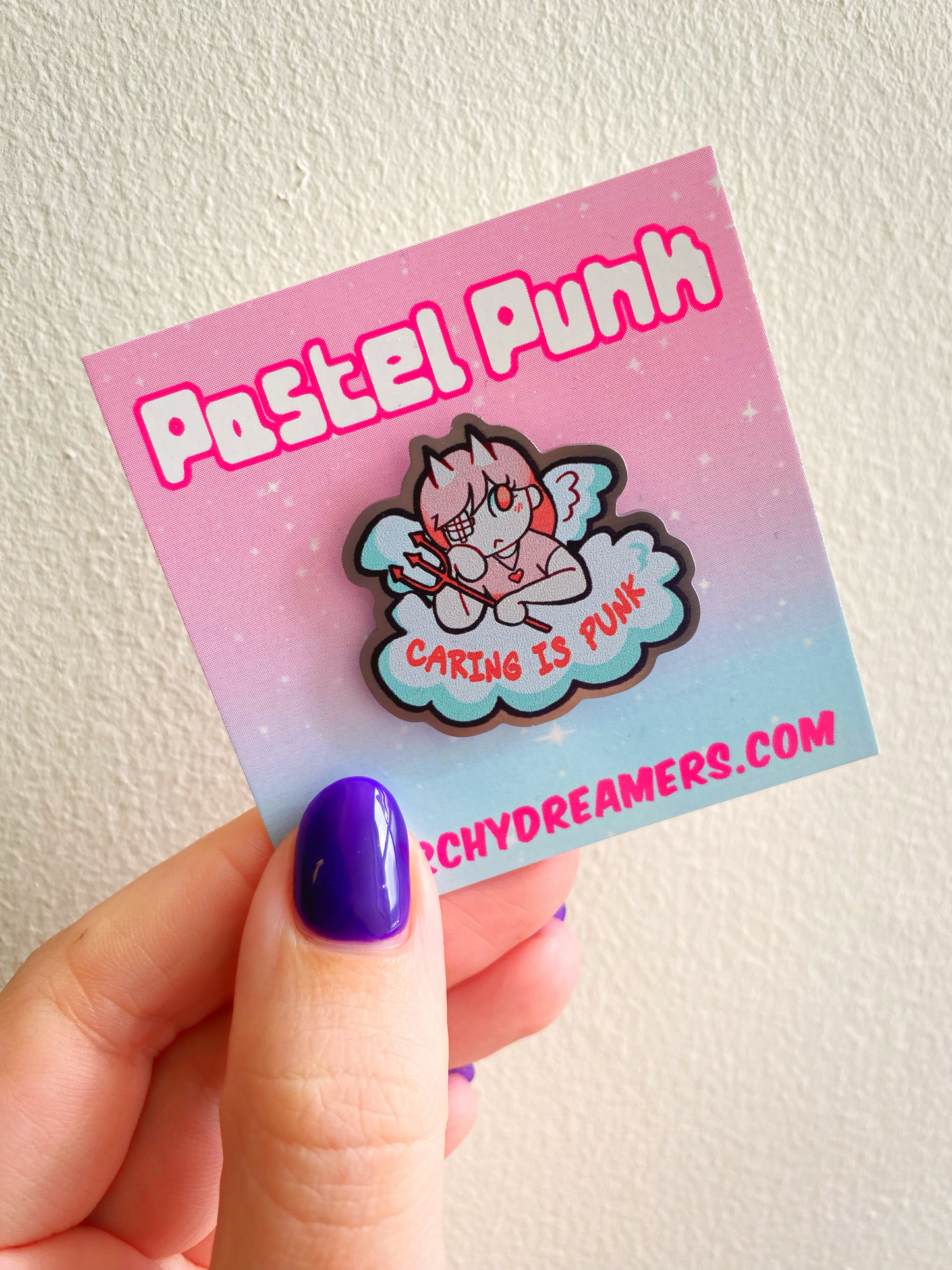 Caring is Punk Angel Devil Eco-Friendly Pin